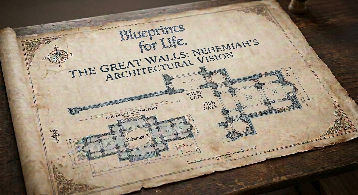 Architectural blueprint with detailed plans and elevations of a cathedral