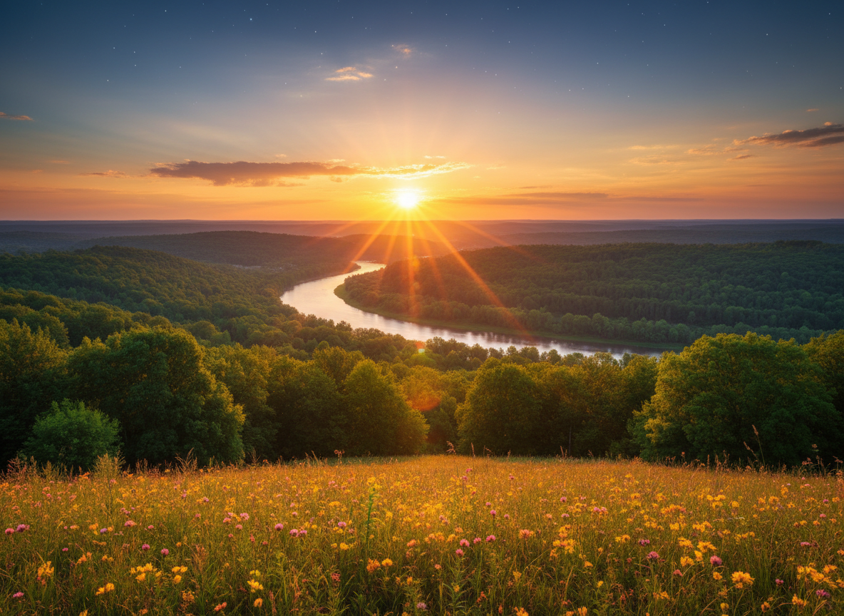 A breathtaking brilliant sunrise over a lush, verdant landscape — rolling green hills, trees, maybe a river catching golden light, wildflowers in the foreground. Warm golden and amber light flooding the horizon, rays of light breaking through scattered clouds, a few stars fading at the edge of dawn suggesting cosmic scale. Epic, majestic, cinematic photography style. Full of life and beauty, overflowing with hope and anticipation. No barren rock, no dark elements, no mystical symbols, no figures, no New Age imagery. Clean, radiant, alive.