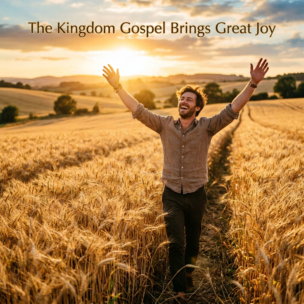 Man walking through wheat field with arms raised at sunset