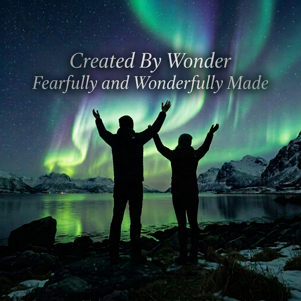 Silhouettes of a couple holding hands under vibrant northern lights by a mountain lake