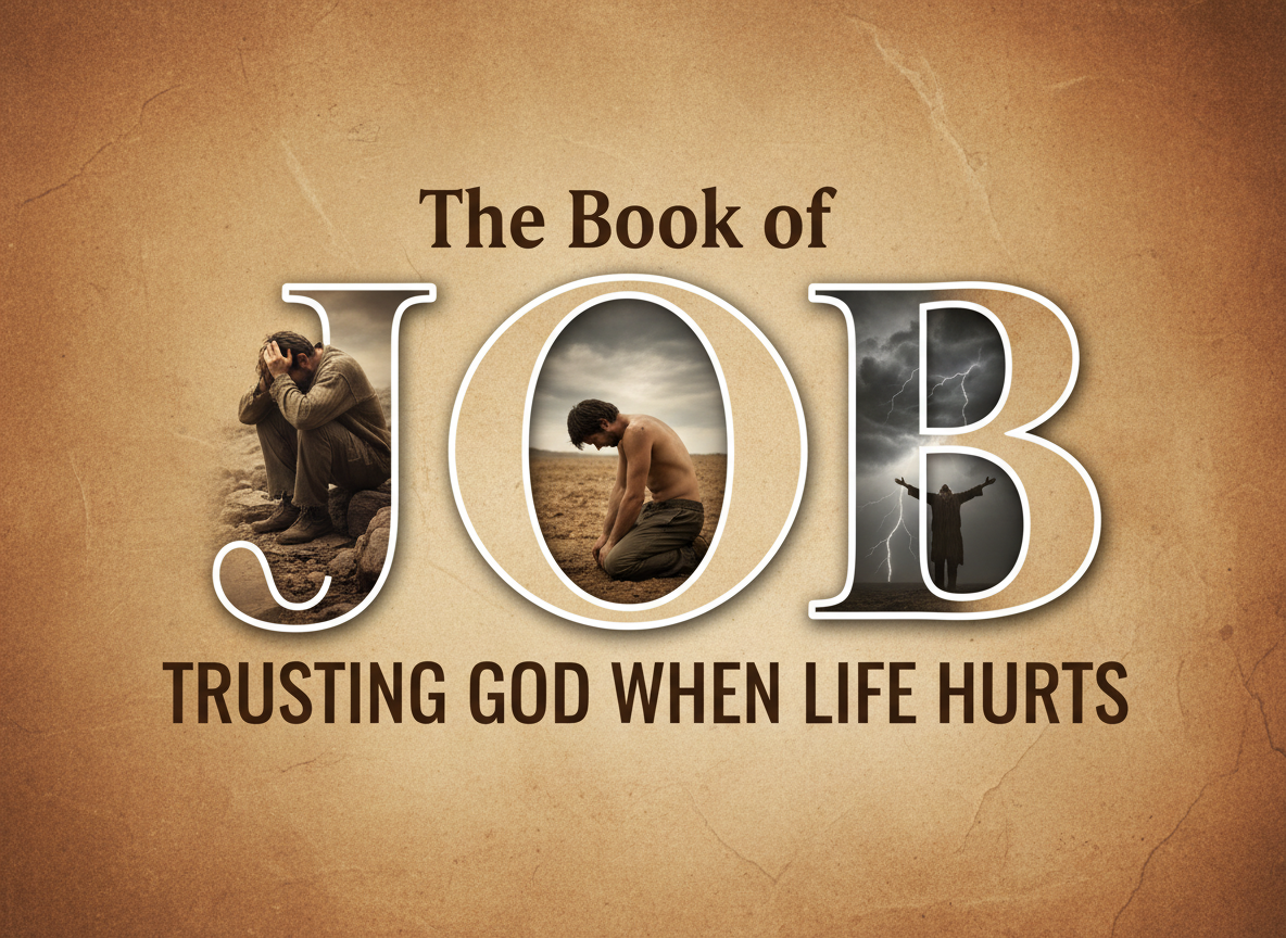A wide featured image with a warm sandy stone textured background. Bold large serif letters spelling "JOB" dominate the center. Inside each letter (J, O, B) is a photographic scene of human suffering: inside the J is a man hunched over in grief on rocky ground, inside the O is a man kneeling with head bowed in anguish, inside the B is a man reaching upward toward a stormy sky. The letters have a white outline/border. Above the letters in smaller bold dark text reads "The Book of". Below the letters in bold dark spaced-out capital letters reads "TRUSTING GOD WHEN LIFE HURTS". The overall tone is dramatic, ancient, and solemn.