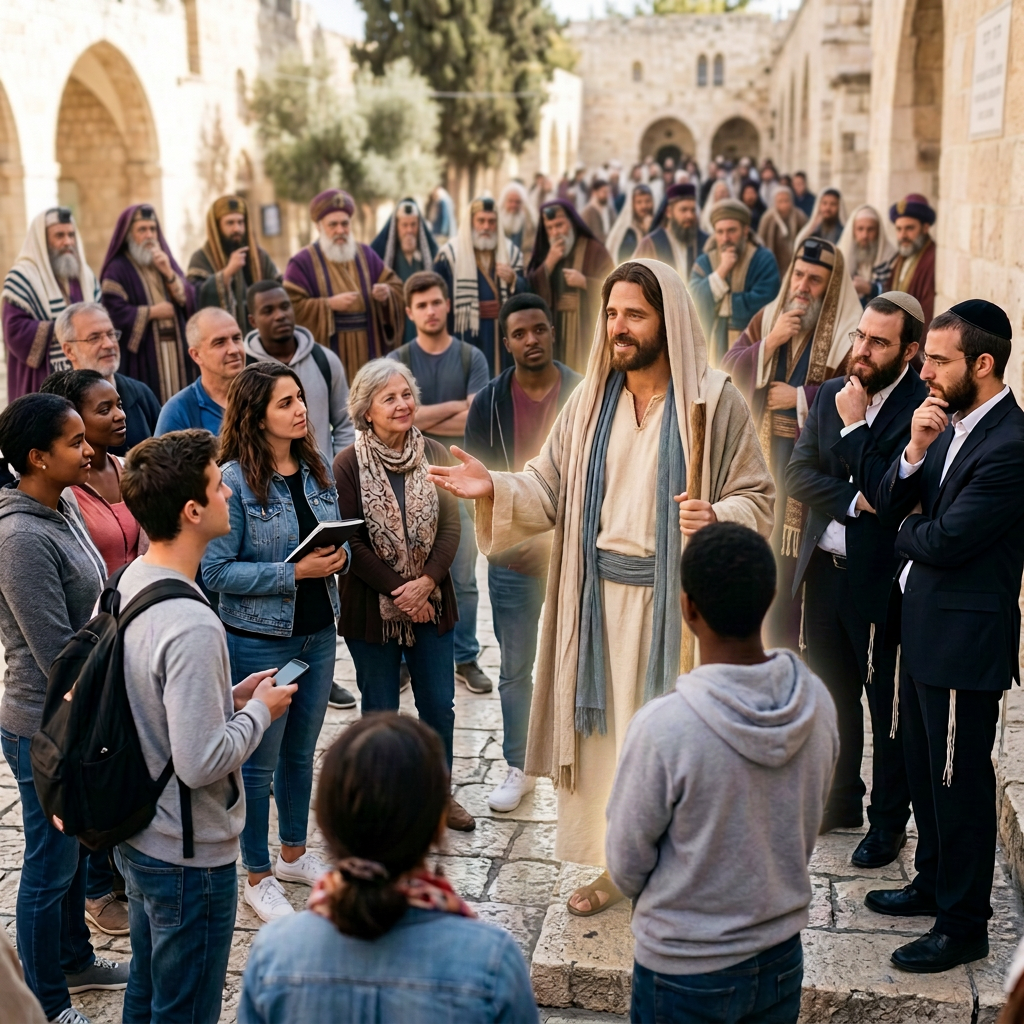 Person dressed as ancient figure speaking to a diverse group on stone walkway