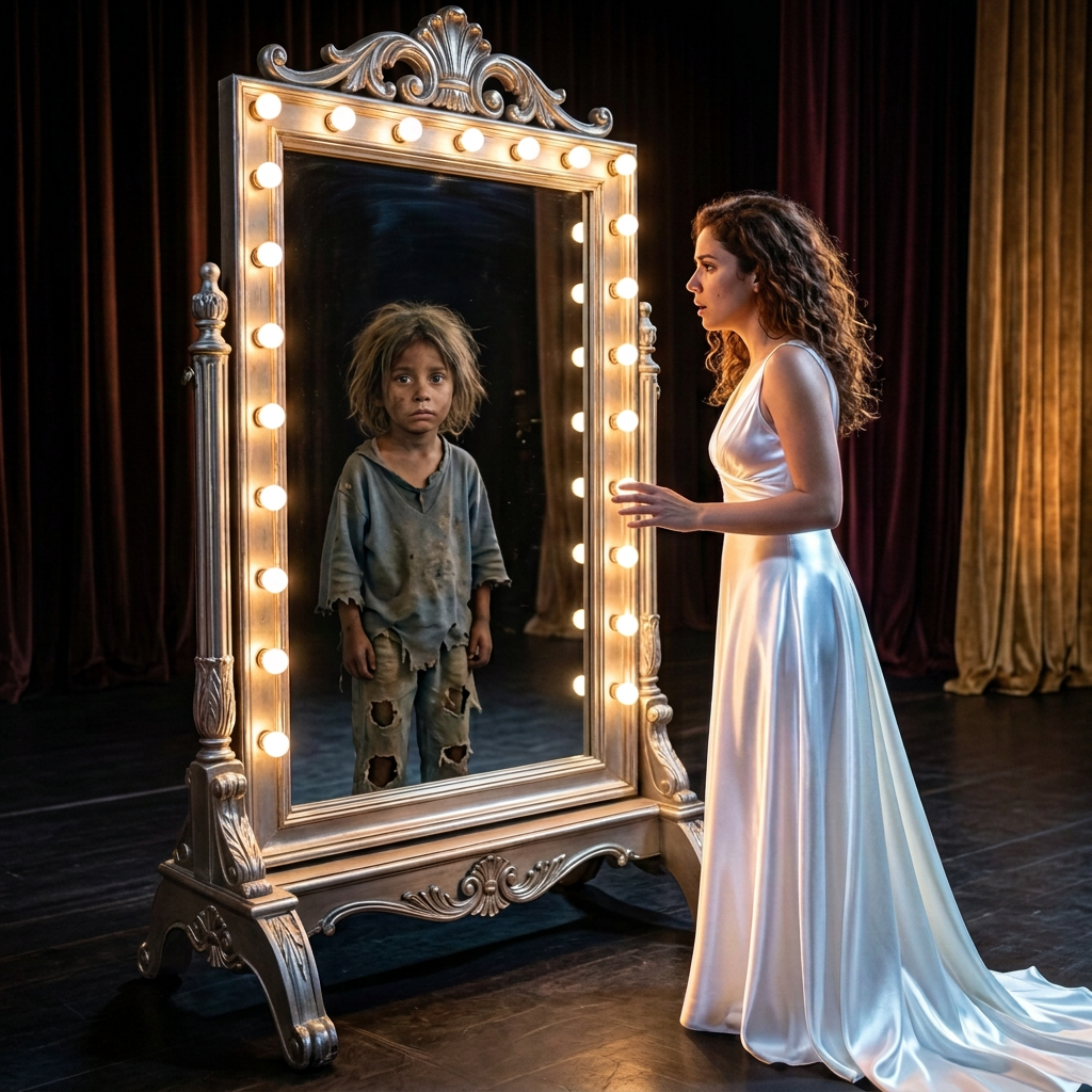 Remove stage lights, chair, trunks; focus woman mirror child
