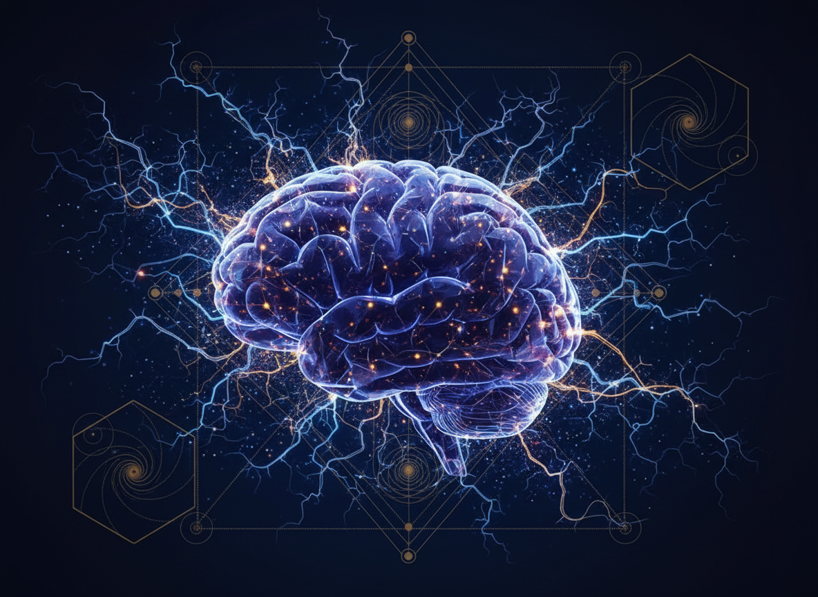 A sophisticated, serious editorial image for a Christian faith and neuroscience blog post. Dark navy blue background. A translucent human brain rendered in deep indigo and violet, with glowing quantum neural pathways in electric blue and warm gold radiating outward like a neural network. Sacred geometry patterns subtly overlaid — hexagons and fibonacci spirals in muted gold. The overall feel is scientific, contemplative, and spiritual — like the intersection of quantum physics and the divine mind. No cartoons, no clipart, no people, no text. Cinematic lighting, high contrast, photorealistic texture.