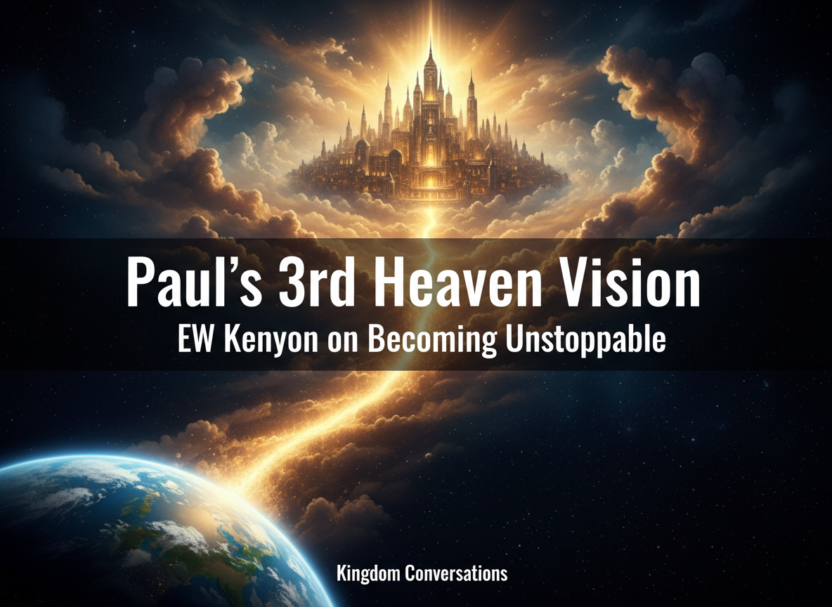A social media featured image at 1200x630px landscape format. Background: a stunning golden celestial city floating among luminous clouds and stars in deep space, with a radiant glowing pathway connecting Earth to Heaven. Earth visible in vibrant blue and green. Ethereal, mystical atmosphere with golden light effects. Bold white text overlay reading "Paul's 3rd Heaven Vision" as the main headline, and below it "EW Kenyon on Becoming Unstoppable" as a subtitle. Text is crisp, fully visible, and well within the safe zone margins. The word "Unstoppable" is spelled correctly. Site name "Kingdom Conversations" in smaller text at the bottom. Professional layout with text clearly legible against the background.